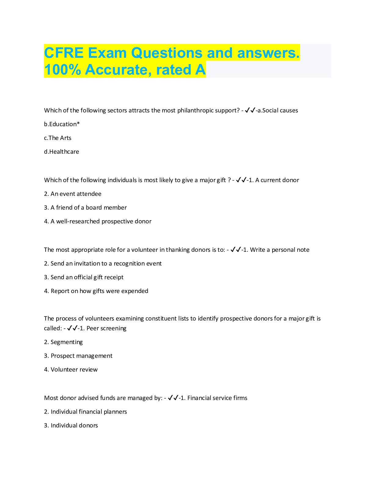 Preview image for CFRE Exam Questions and answers.  100% Accurate, rated A